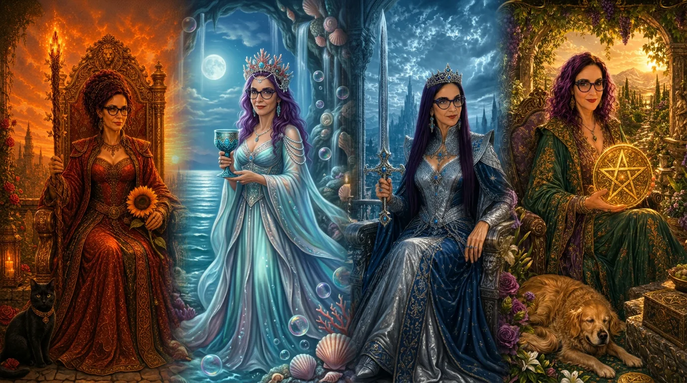 The four Tarot Queens — Wands, Cups, Swords, and Pentacles — standing together as business archetypes